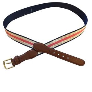 Brown and Pink Striped Leather Belt with Brass Buckle